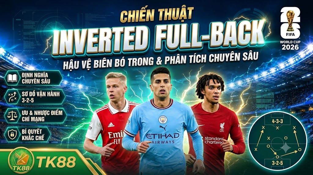 Hình ảnh phân tích chiến thuật Inverted Full-back (hậu vệ biên bó trong) trên TK88, minh họa với João Cancelo, Oleksandr Zinchenko, Trent Alexander-Arnold và sơ đồ chuyển đổi 4-3-3 sang 3-2-5.