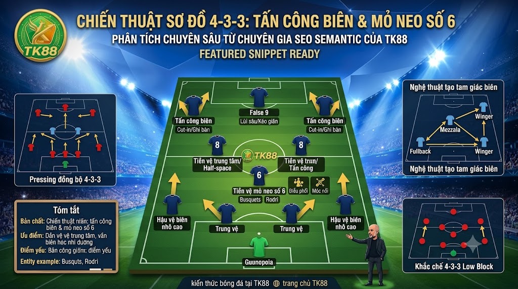 Sơ đồ chiến thuật bóng đá 4-3-3 chi tiết, minh họa cách vận hành tấn công biên, tạo tam giác chuyền bóng và vai trò của tiền vệ mỏ neo số 6 - Phân tích chuyên sâu từ TK88.